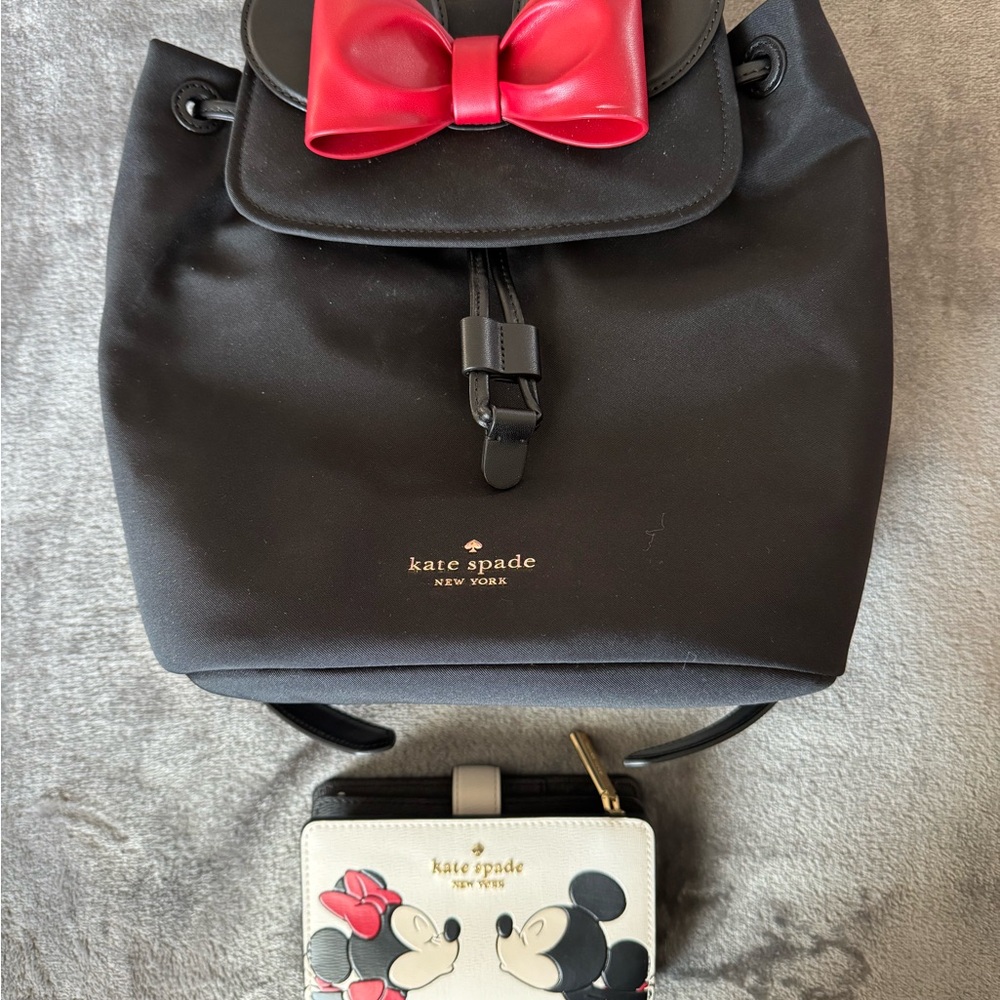 Kate Spade Black Minnie Backpack and Kate Spade Minnie and Mickey Wallet